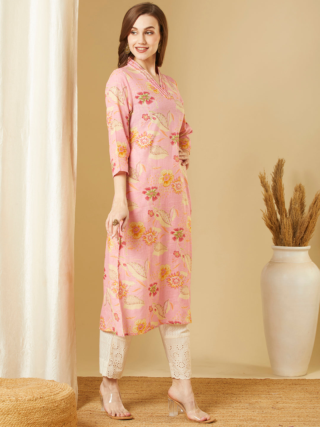 Abstract Floral Printed & Embroidered Straight Fit Kurta - Pink