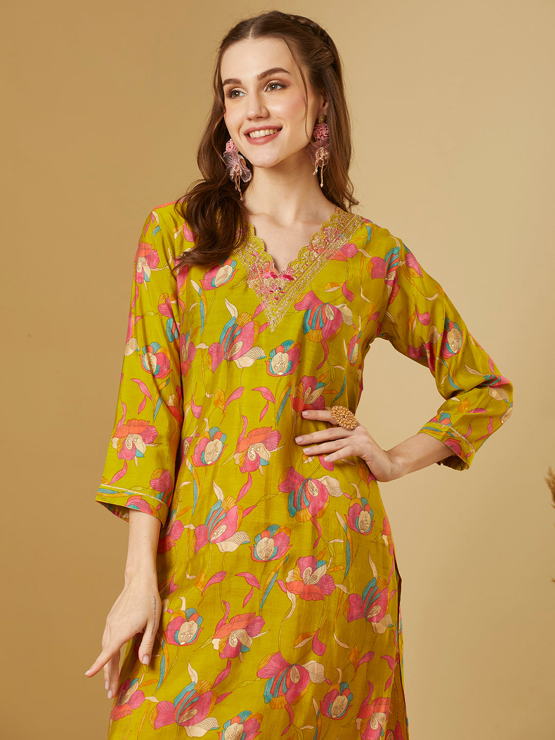 Ethnic Floral Printed & Embroidered Straight Fit Kurta - Green