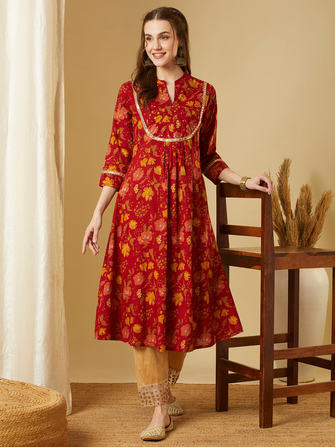 Ethnic Floral Printed A-Line Pleated Flared Kurta - Red