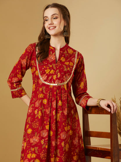 Ethnic Floral Printed A-Line Pleated Flared Kurta - Red