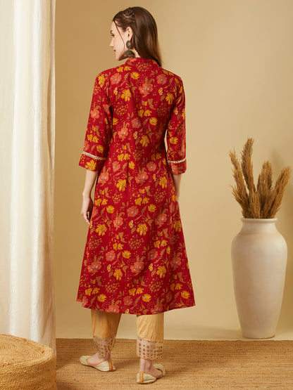 Ethnic Floral Printed A-Line Pleated Flared Kurta - Red