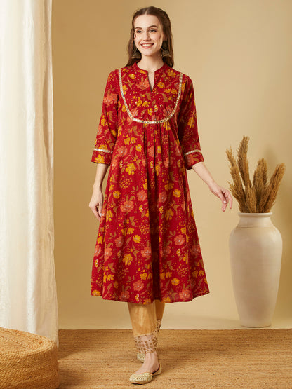 Ethnic Floral Printed A-Line Pleated Flared Kurta - Red