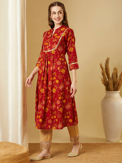 Ethnic Floral Printed A-Line Pleated Flared Kurta - Red