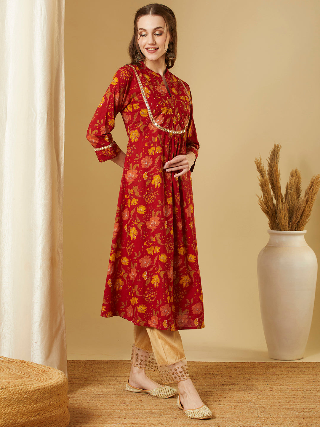 Ethnic Floral Printed A-Line Pleated Flared Kurta - Red