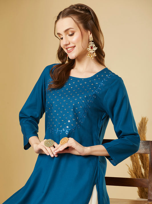 Solid Sequin Embroidered Straight Fit Kurta - Blue