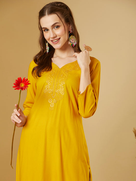 Solid Sequin Embroidered Straight Fit Kurta - Yellow