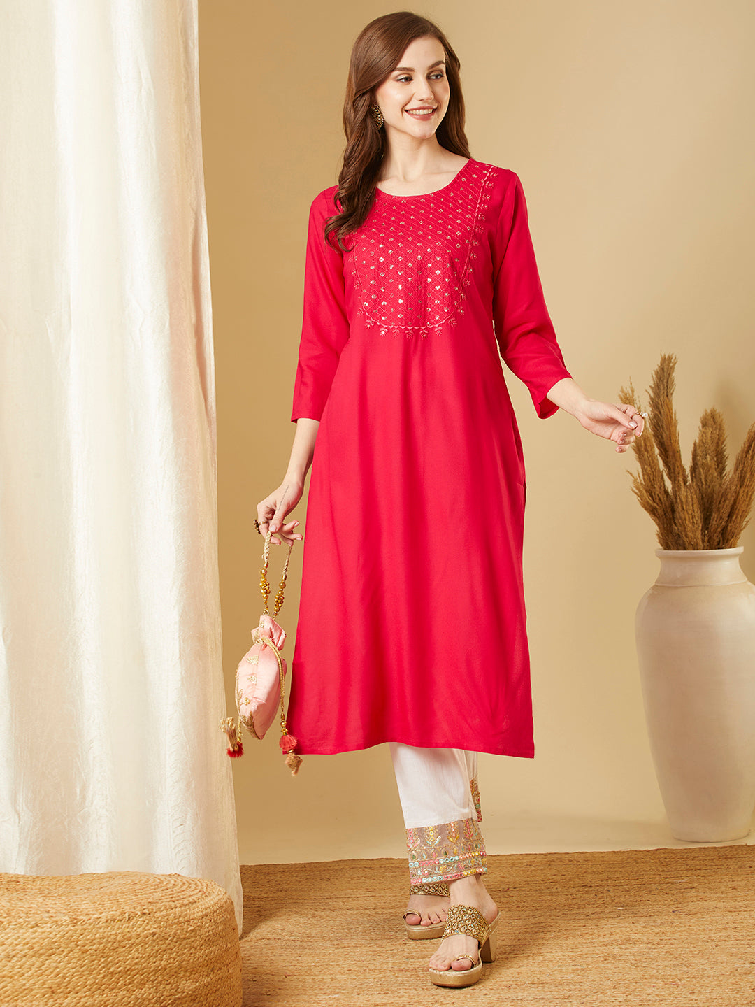 Solid Sequin Embroidered Straight Fit Kurta - Pink