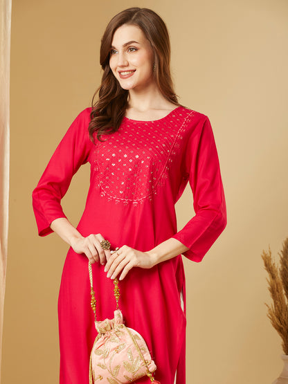 Solid Sequin Embroidered Straight Fit Kurta - Pink