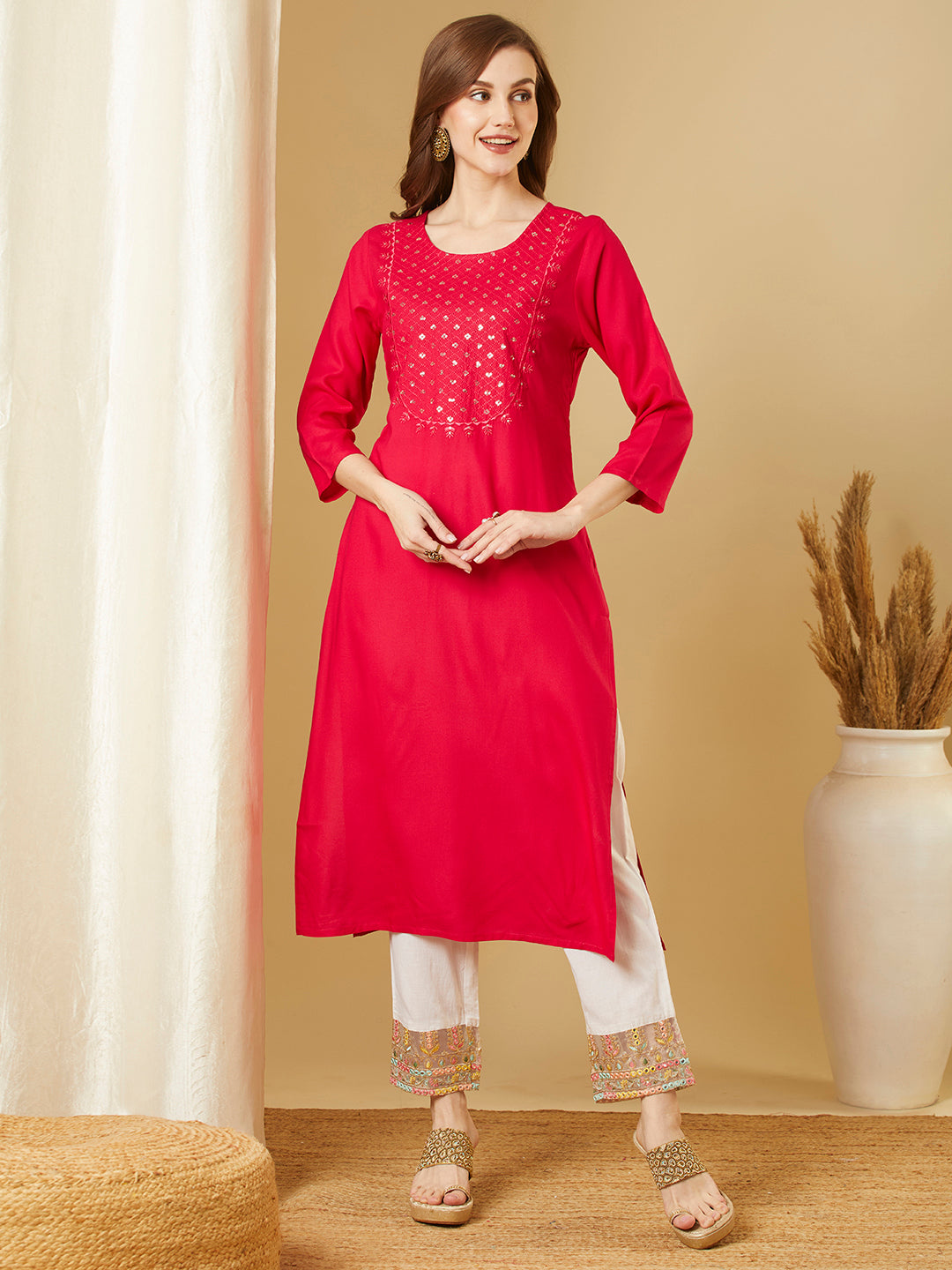 Solid Sequin Embroidered Straight Fit Kurta - Pink