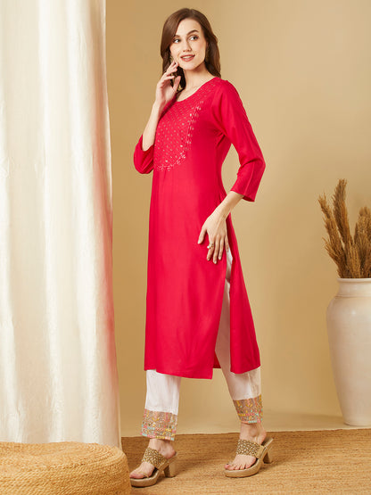 Solid Sequin Embroidered Straight Fit Kurta - Pink