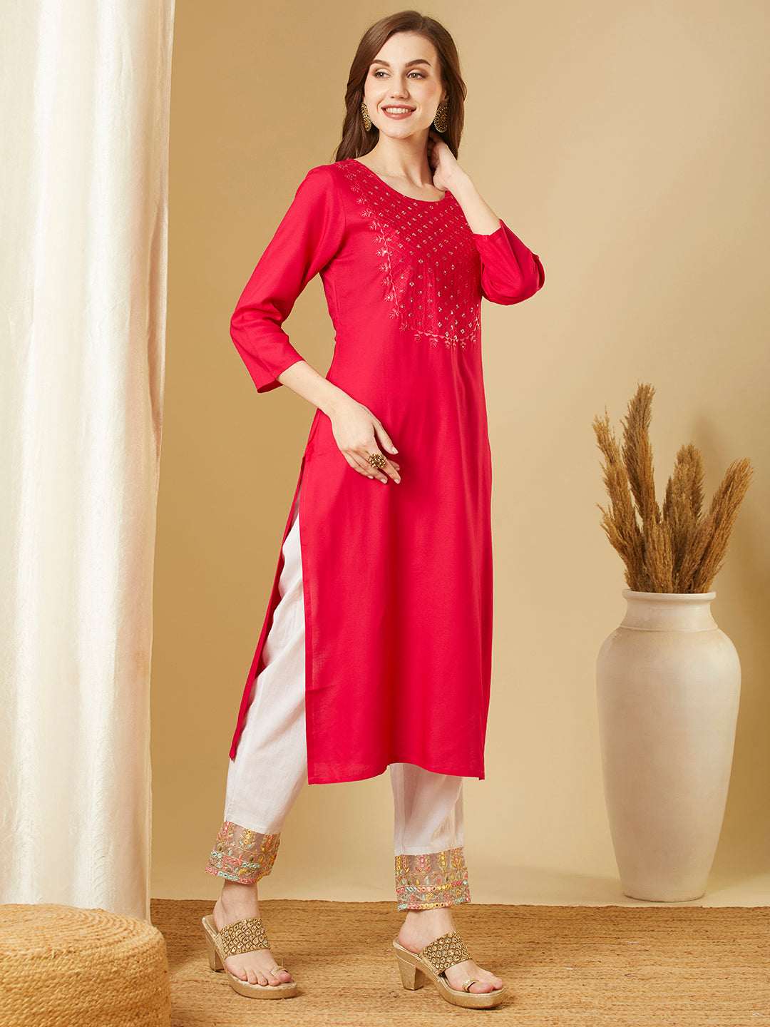 Solid Sequin Embroidered Straight Fit Kurta - Pink