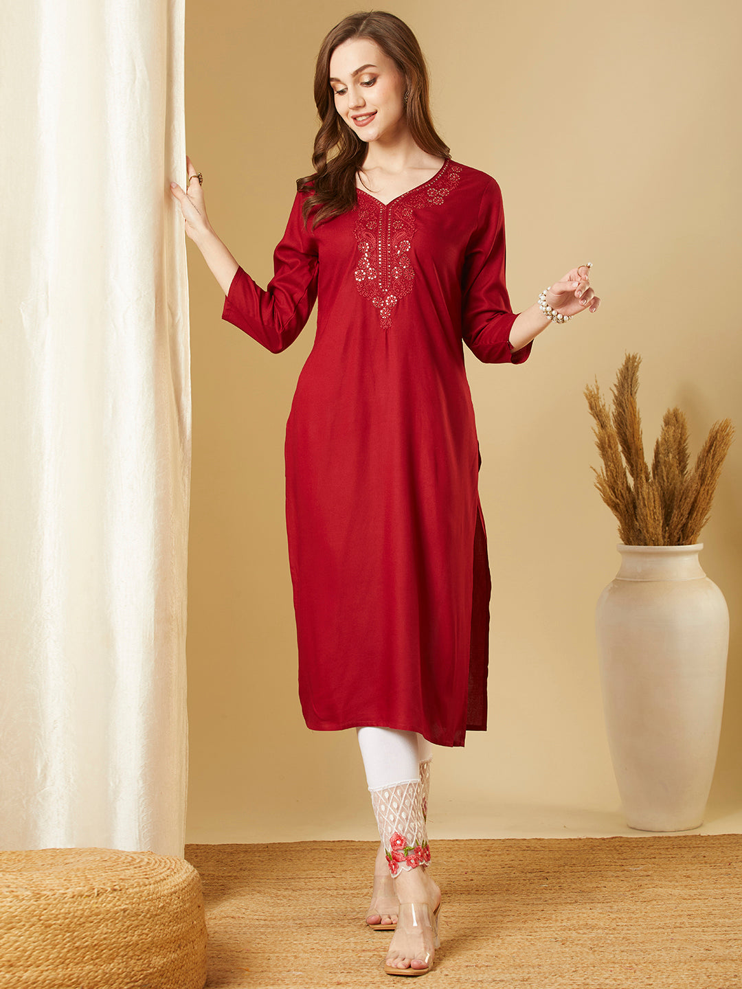 Solid Sequin Embroidered Straight Fit Kurta - Maroon