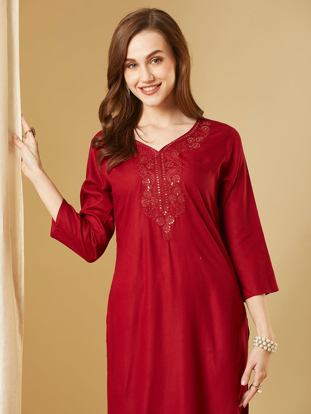 Solid Sequin Embroidered Straight Fit Kurta - Maroon