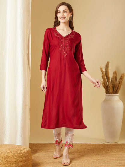 Solid Sequin Embroidered Straight Fit Kurta - Maroon