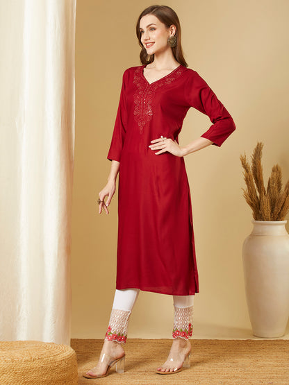 Solid Sequin Embroidered Straight Fit Kurta - Maroon