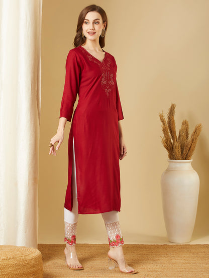 Solid Sequin Embroidered Straight Fit Kurta - Maroon