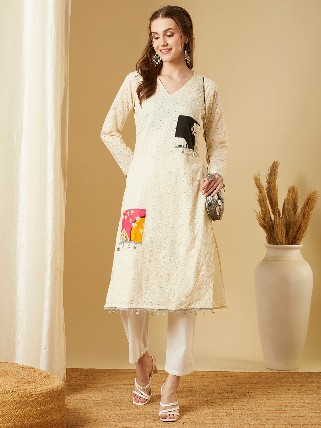 Solid Schiffli Patchwork Straight Fit Kurta with Pant - Off White