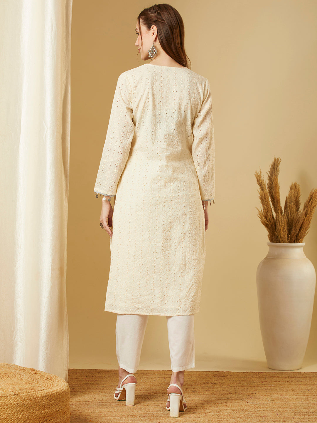 Solid Schiffli Patchwork Straight Fit Kurta with Pant - Off White