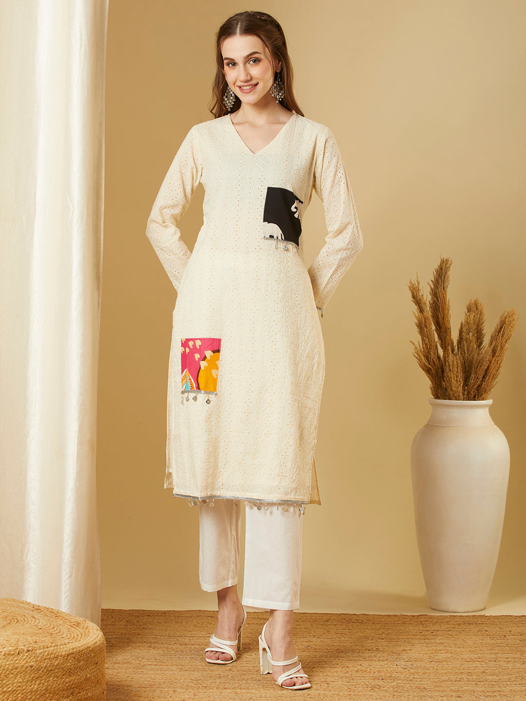 Solid Schiffli Patchwork Straight Fit Kurta with Pant - Off White