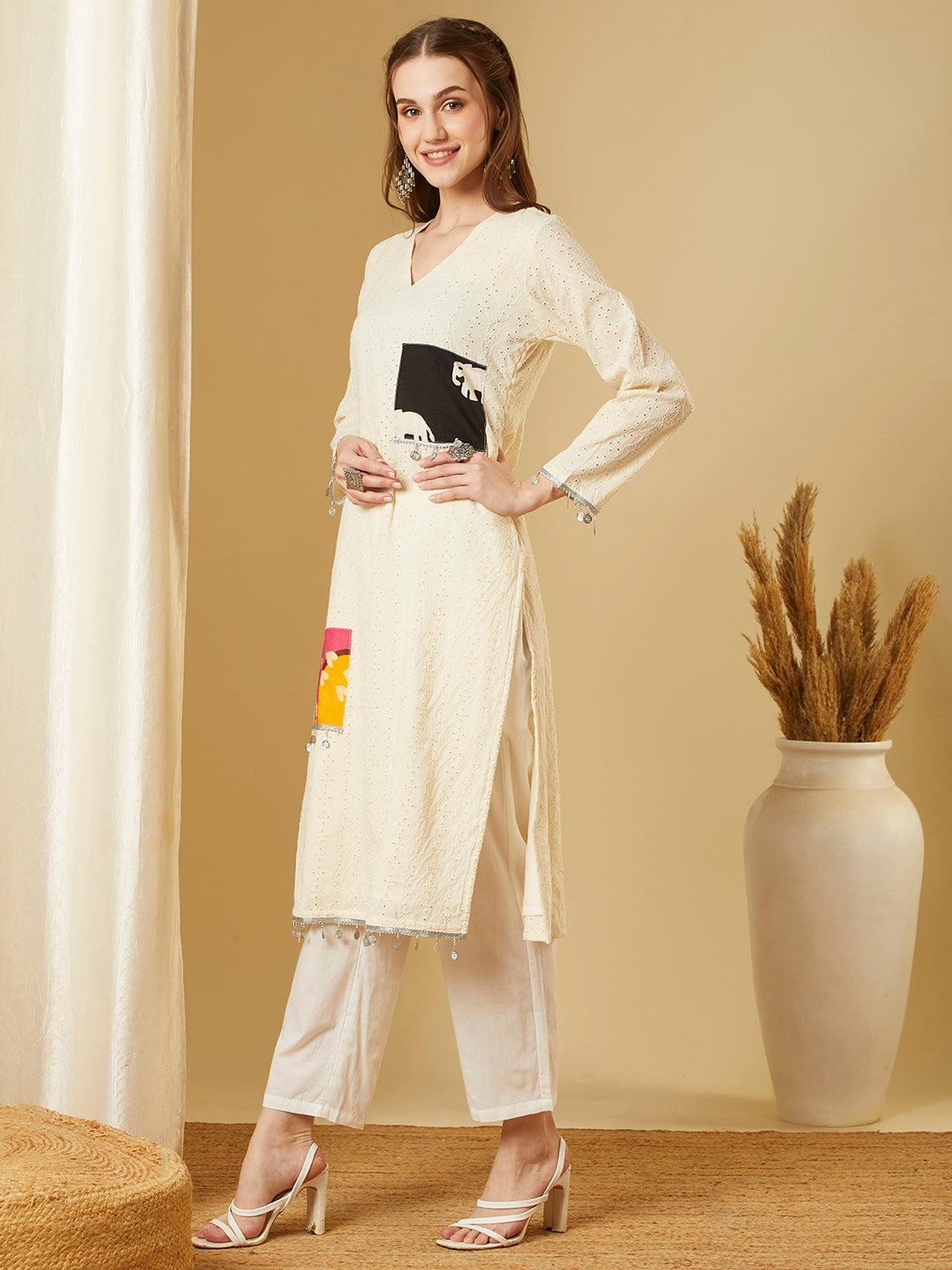 Solid Schiffli Patchwork Straight Fit Kurta with Pant - Off White