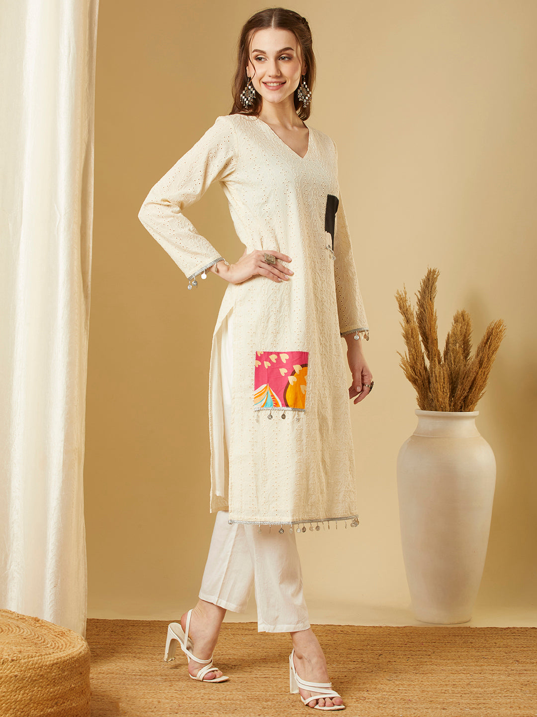 Solid Schiffli Patchwork Straight Fit Kurta with Pant - Off White