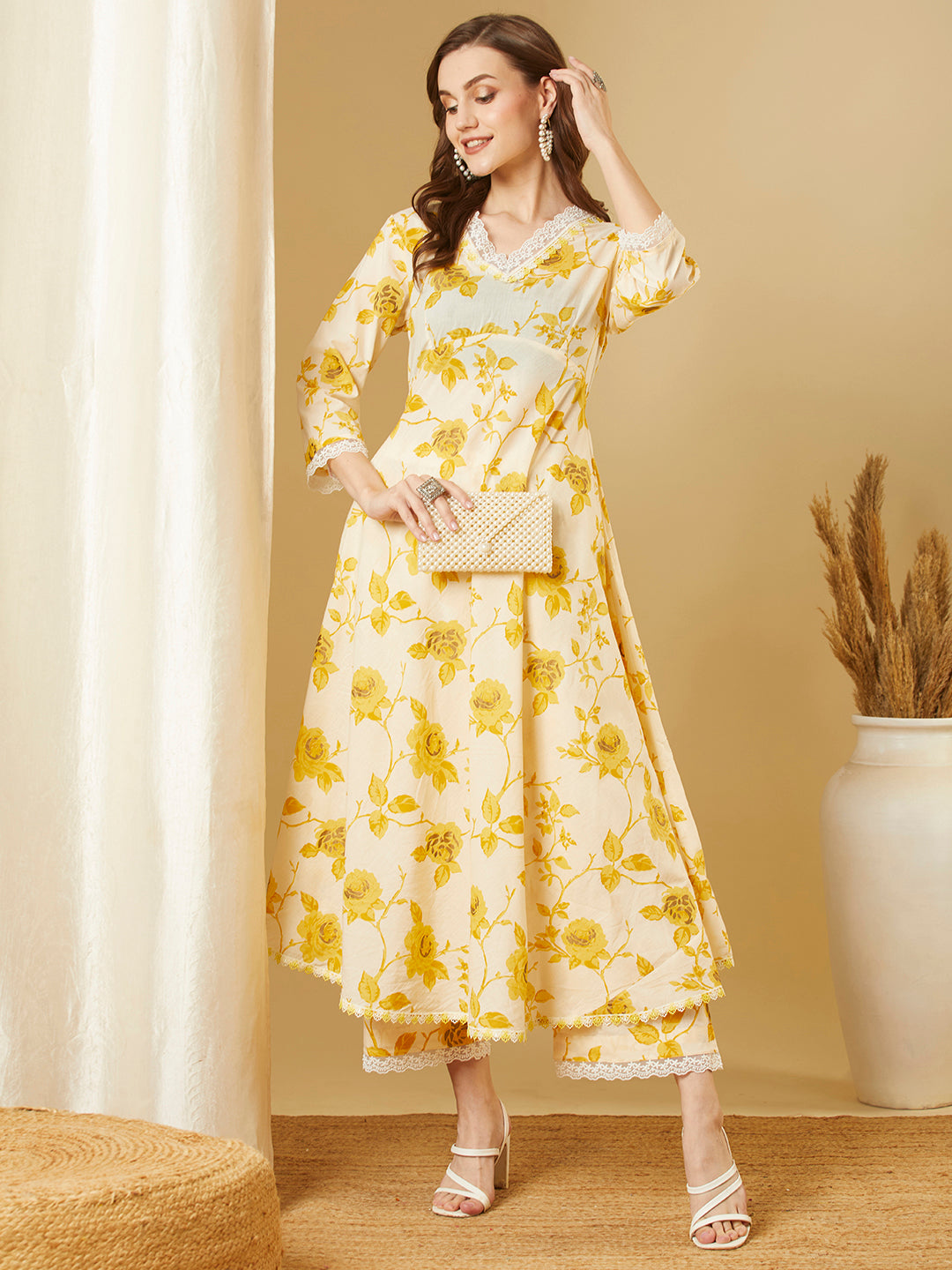 Abstract Floral Printed A-Line Flared Co-ord Set - Yellow