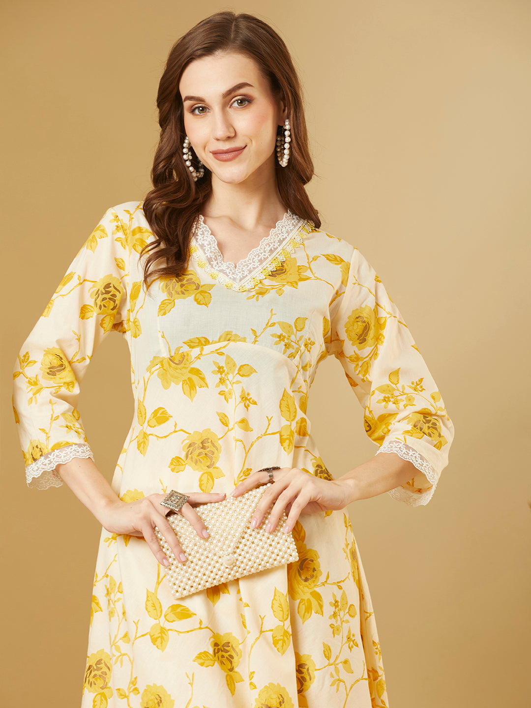 Abstract Floral Printed A-Line Flared Co-ord Set - Yellow