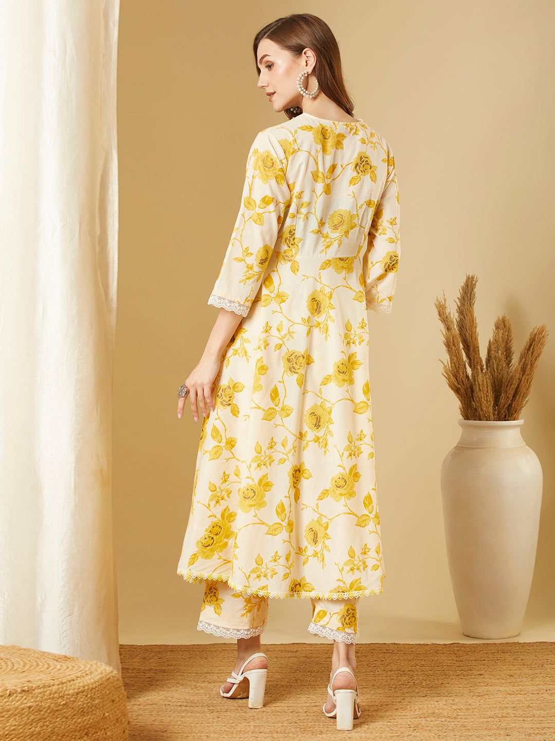 Abstract Floral Printed A-Line Flared Co-ord Set - Yellow