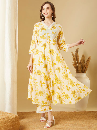 Abstract Floral Printed A-Line Flared Co-ord Set - Yellow