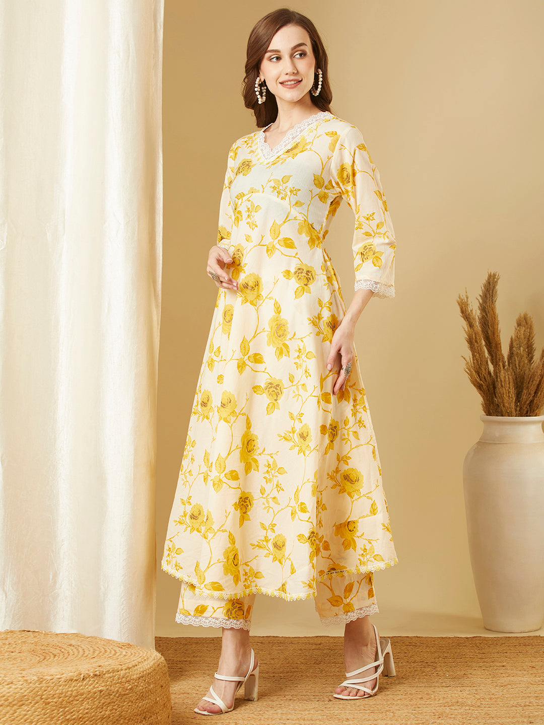 Abstract Floral Printed A-Line Flared Co-ord Set - Yellow