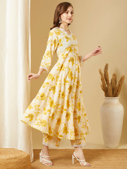 Abstract Floral Printed A-Line Flared Co-ord Set - Yellow