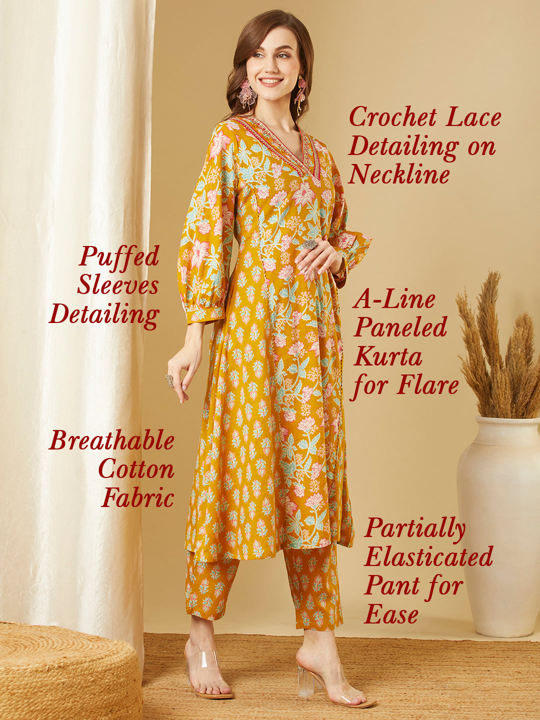 Ethnic Floral Printed A-Line Paneled Kurta with Pant - Mustard