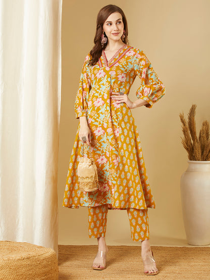 Ethnic Floral Printed A-Line Paneled Kurta with Pant - Mustard