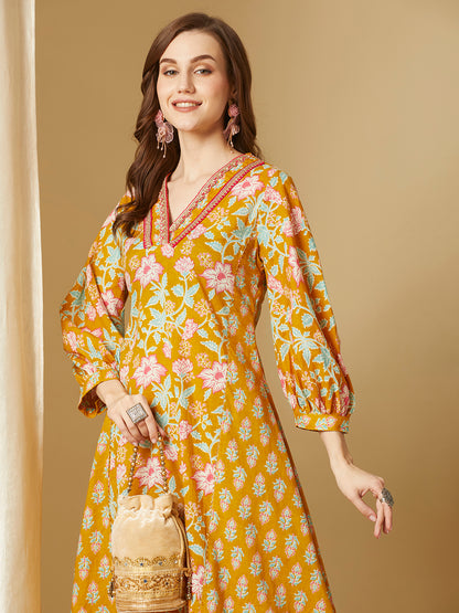 Ethnic Floral Printed A-Line Paneled Kurta with Pant - Mustard