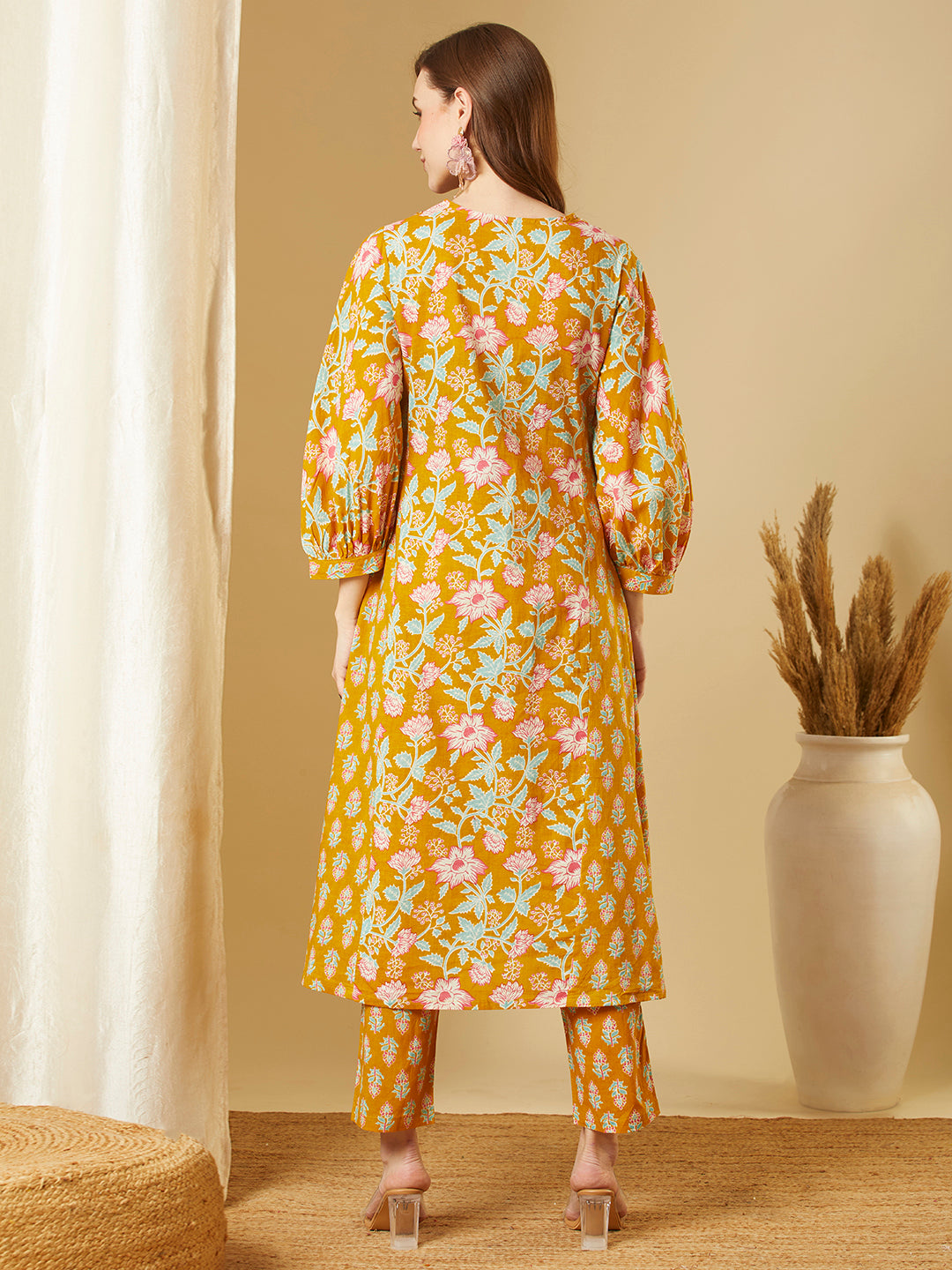 Ethnic Floral Printed A-Line Paneled Kurta with Pant - Mustard