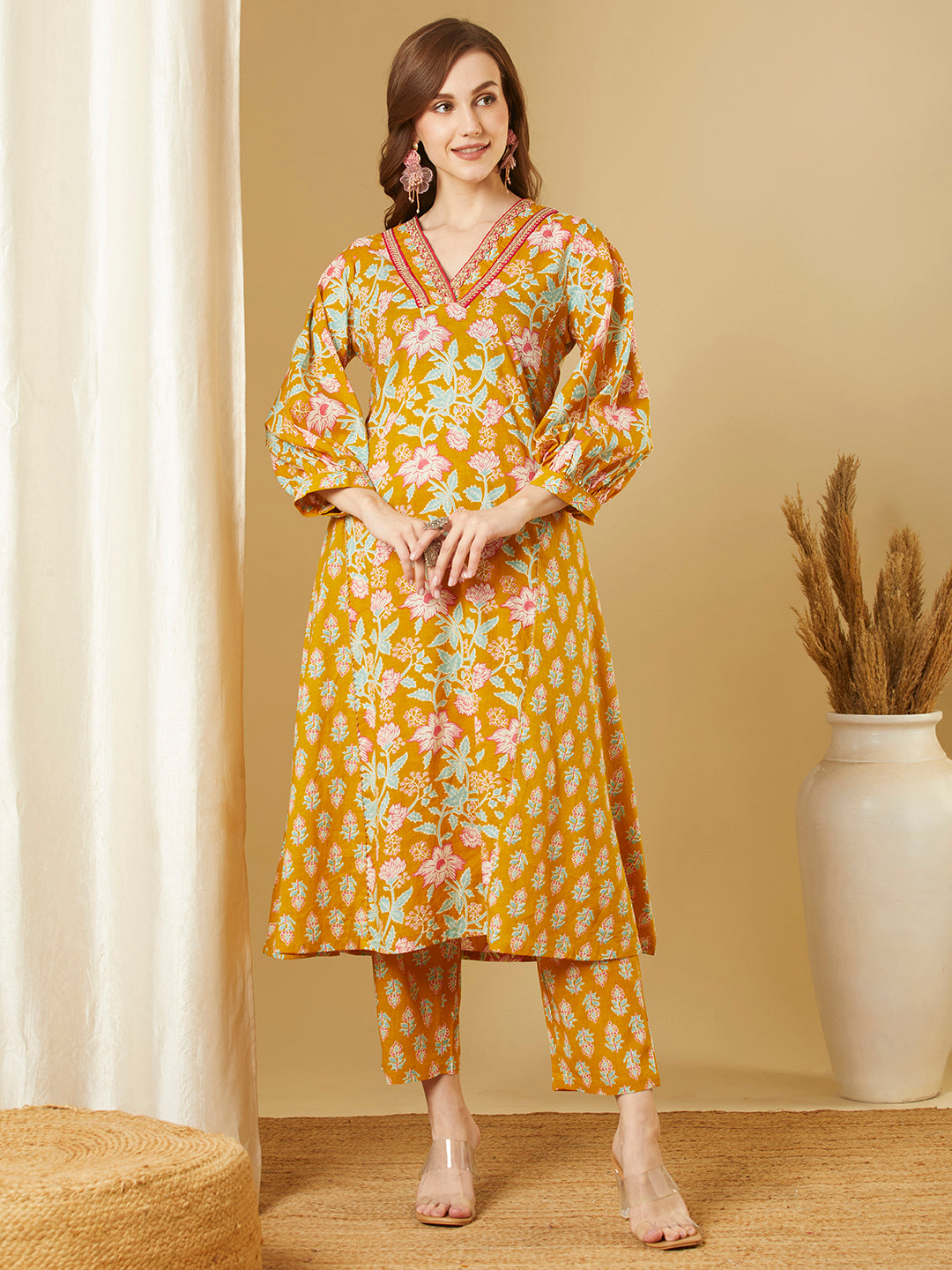 Ethnic Floral Printed A-Line Paneled Kurta with Pant - Mustard