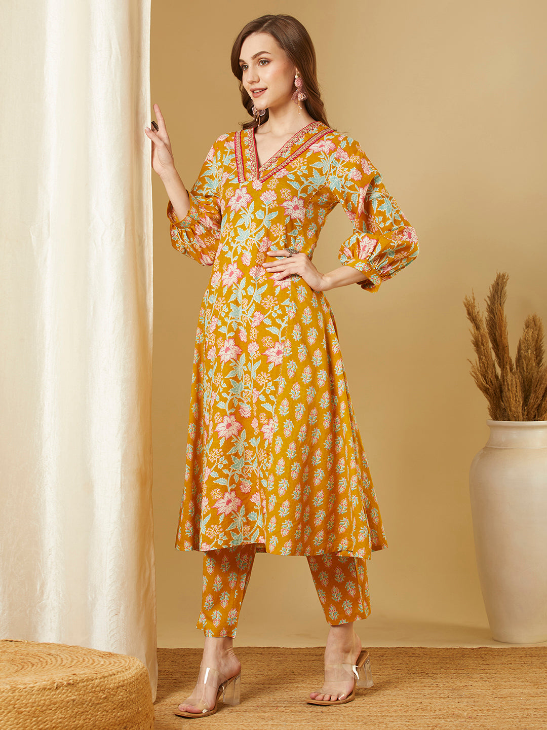 Ethnic Floral Printed A-Line Paneled Kurta with Pant - Mustard