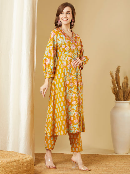 Ethnic Floral Printed A-Line Paneled Kurta with Pant - Mustard