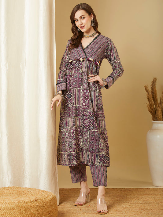 Ethnic & Stripes Printed A-Line Pleated Kurta with Pant - Purple