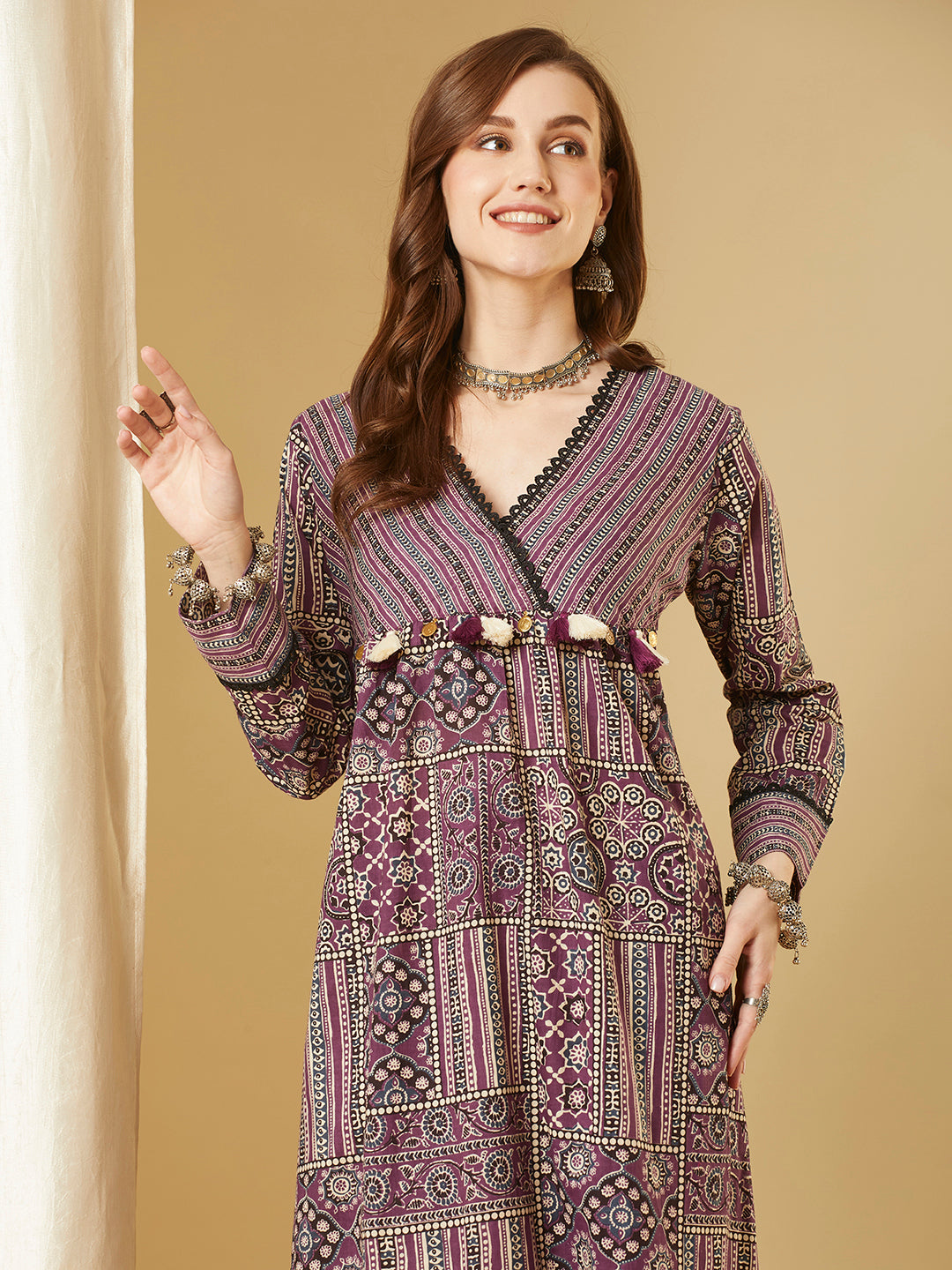 Ethnic & Stripes Printed A-Line Pleated Kurta with Pant - Purple