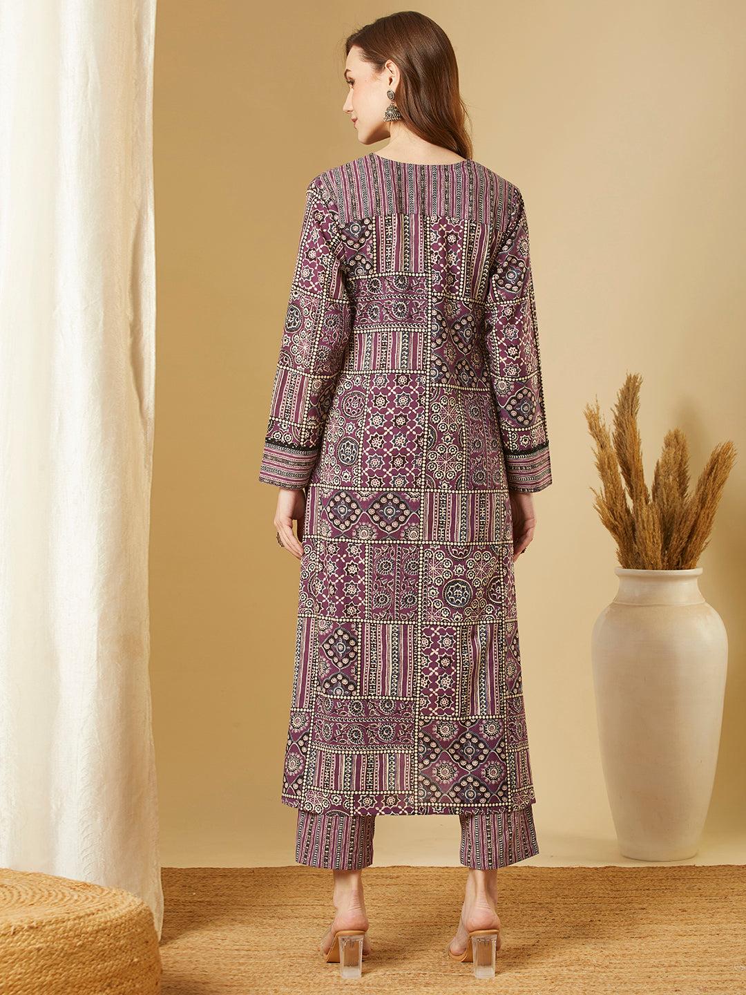 Ethnic & Stripes Printed A-Line Pleated Kurta with Pant - Purple