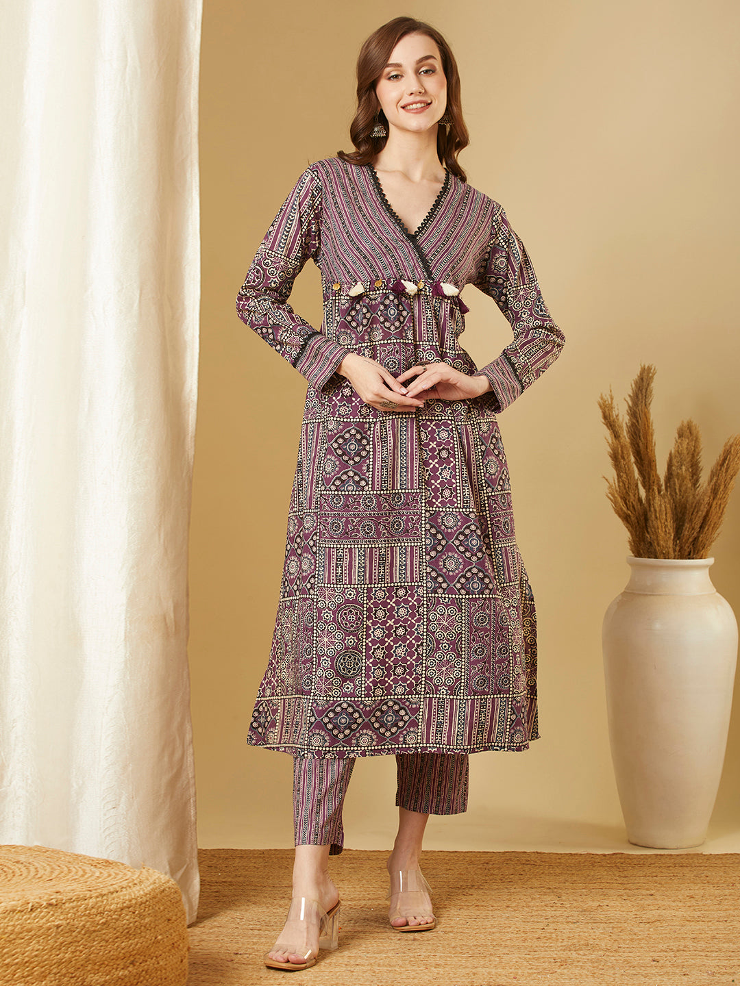 Ethnic & Stripes Printed A-Line Pleated Kurta with Pant - Purple