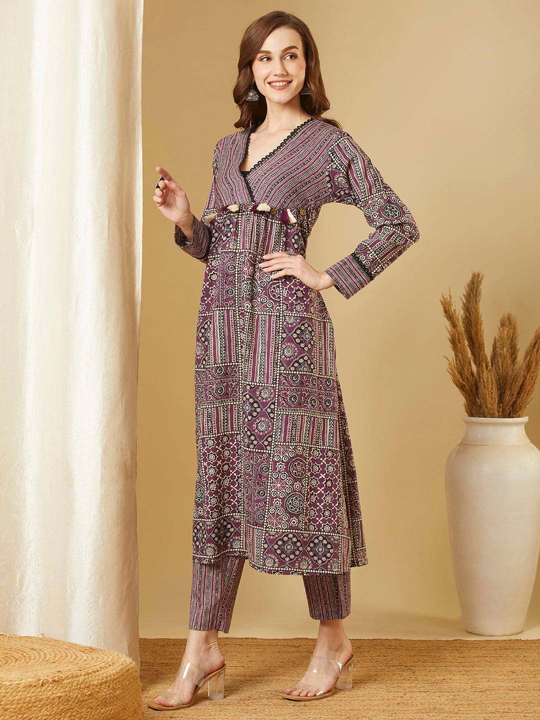 Ethnic & Stripes Printed A-Line Pleated Kurta with Pant - Purple