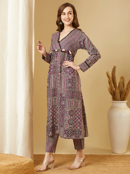 Ethnic & Stripes Printed A-Line Pleated Kurta with Pant - Purple