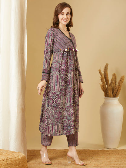 Ethnic & Stripes Printed A-Line Pleated Kurta with Pant - Purple