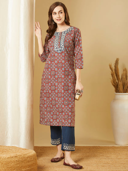 Ethnic Printed & Embroidered Straight Fit Kurta with Pant - Maroon