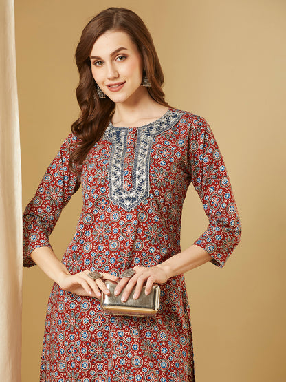 Ethnic Printed & Embroidered Straight Fit Kurta with Pant - Maroon