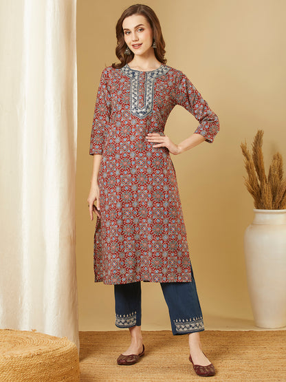 Ethnic Printed & Embroidered Straight Fit Kurta with Pant - Maroon