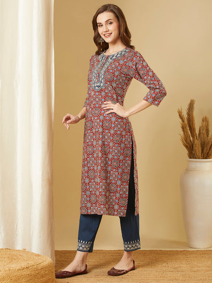 Ethnic Printed & Embroidered Straight Fit Kurta with Pant - Maroon