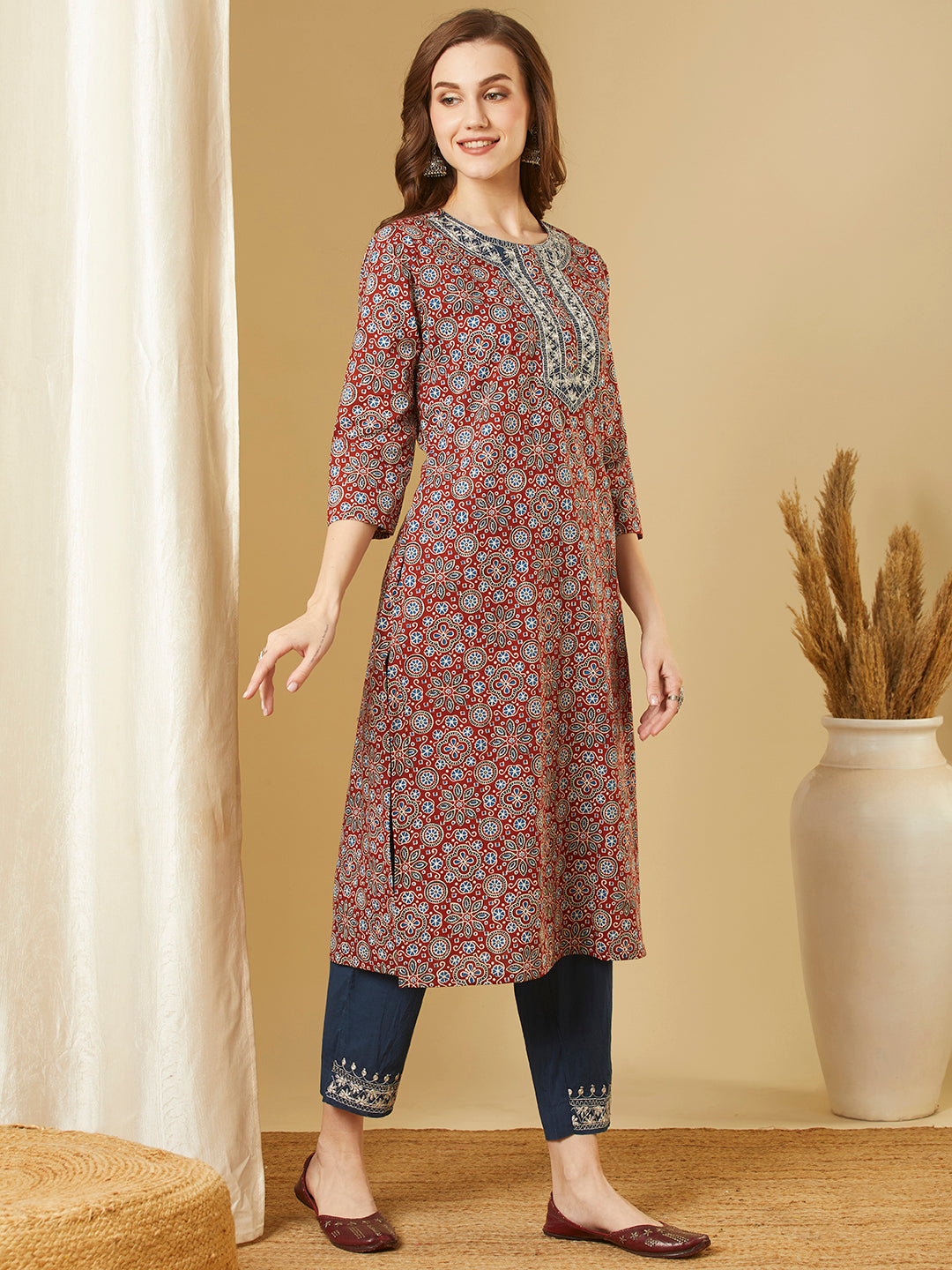 Ethnic Printed & Embroidered Straight Fit Kurta with Pant - Maroon